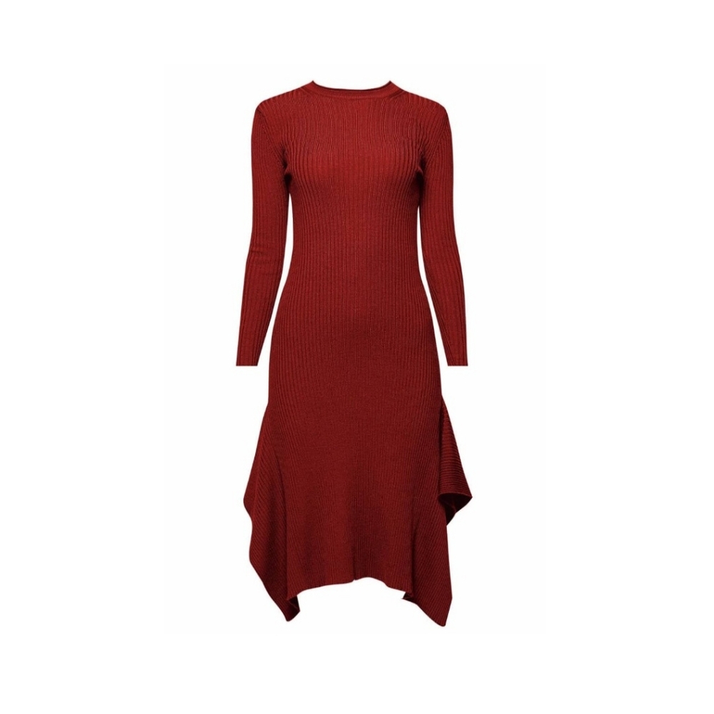 Asymmetric Ribbed Midi Dress In Burgundy 1X